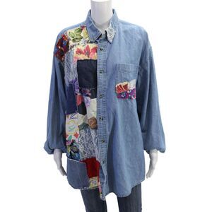 Riley Women Blue 100% Cotton Collared Floral Button-Up Long Sleeve Top Size XS